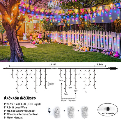 JMEXSUSS 400 LED 38.8 FT Easter Lights String Outdoor, Connectable Pastel Icicle Lights Indoor