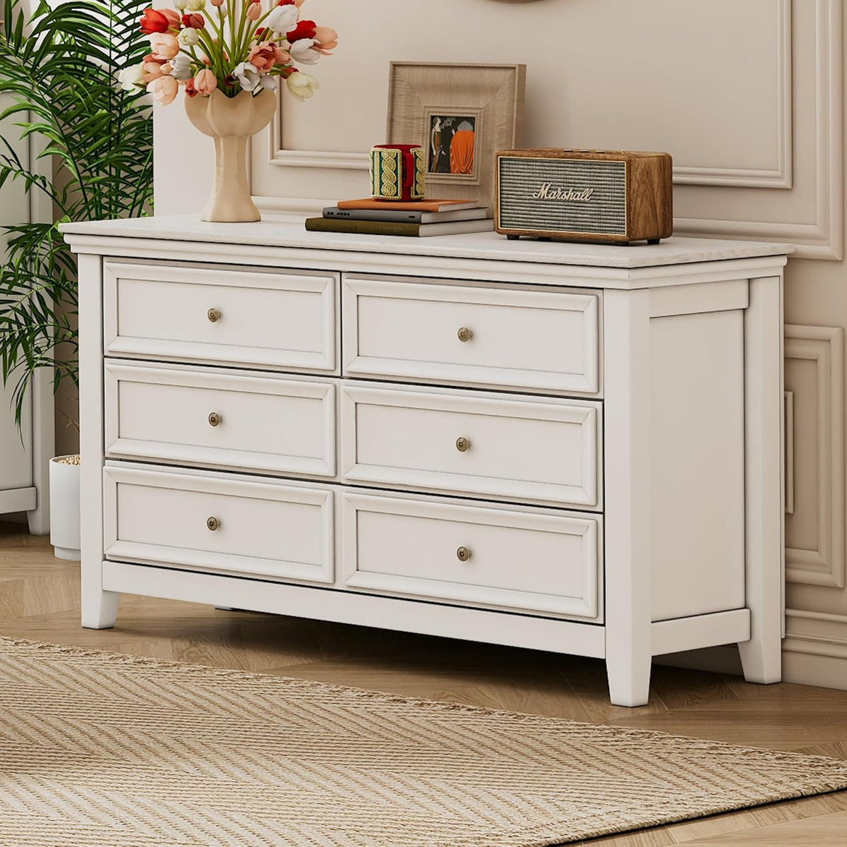 BLANKSPACE White 6 Drawer Dresser, Modern Dresser for Bedroom, Wood Drawer Organizer with Metal
