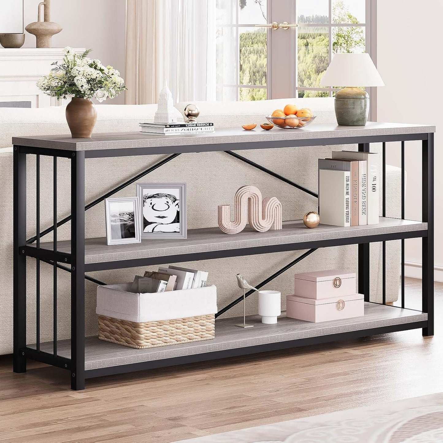 LVB Extra Long 3-Tier Sofa Table, Industrial Console Table with Storage Shelf, Modern Rustic Wood