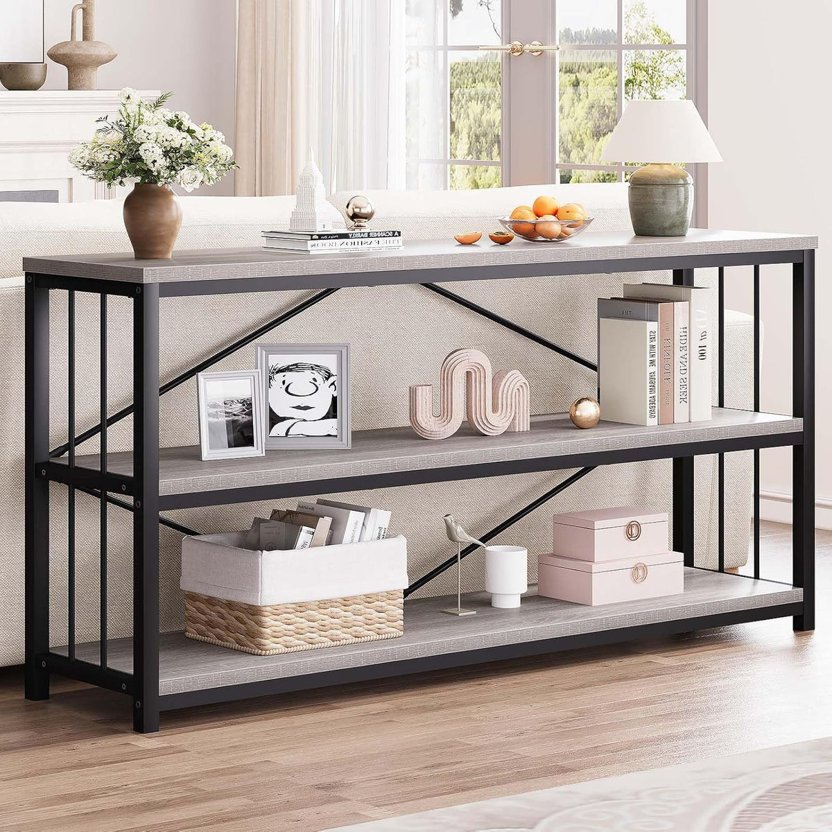 LVB Extra Long 3-Tier Sofa Table, Industrial Console Table with Storage Shelf, Modern Rustic Wood