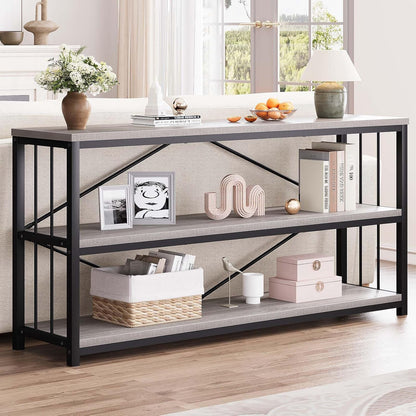 LVB Extra Long 3-Tier Sofa Table, Industrial Console Table with Storage Shelf, Modern Rustic Wood