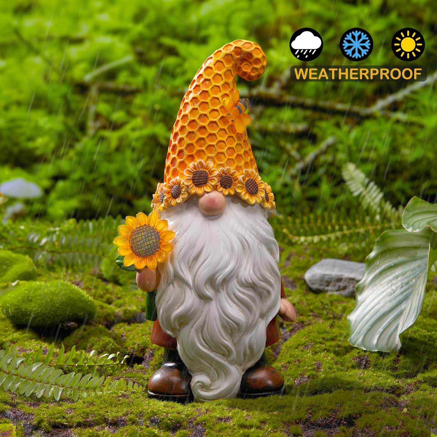Garden Gnomes Outdoor - Sunflower Gnome Statue with Solar LED Lights for Yard, Patio, Lawn