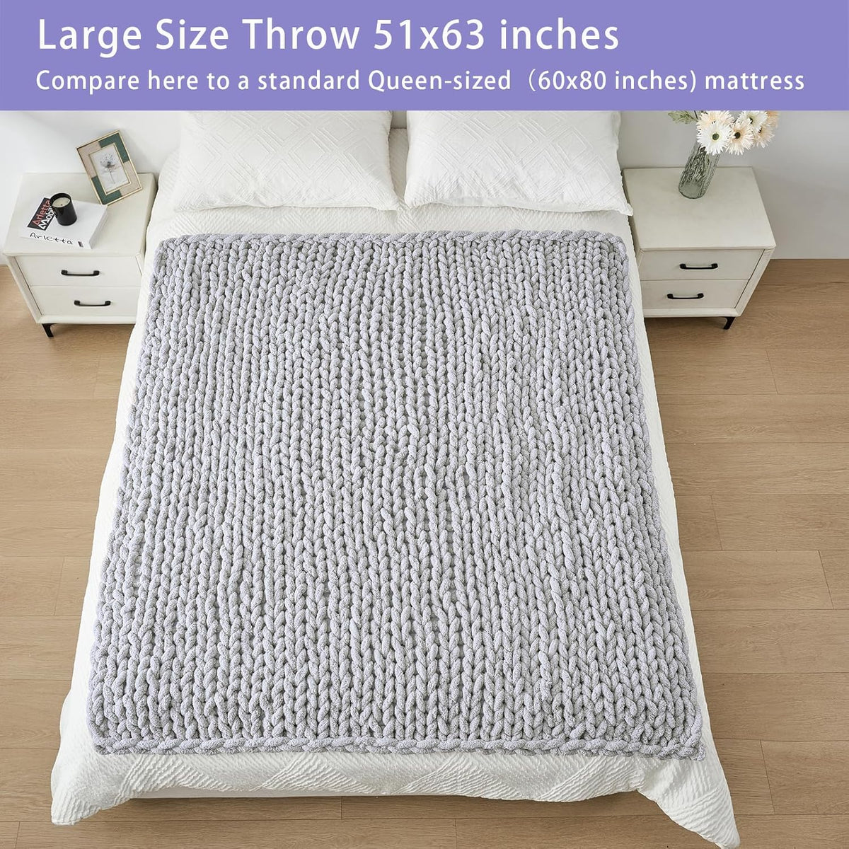 Bigacogo Chunky Knit Throw Blanket for Couch, 51x63 inches, 100% Hand Knitted with Thick Jumbo