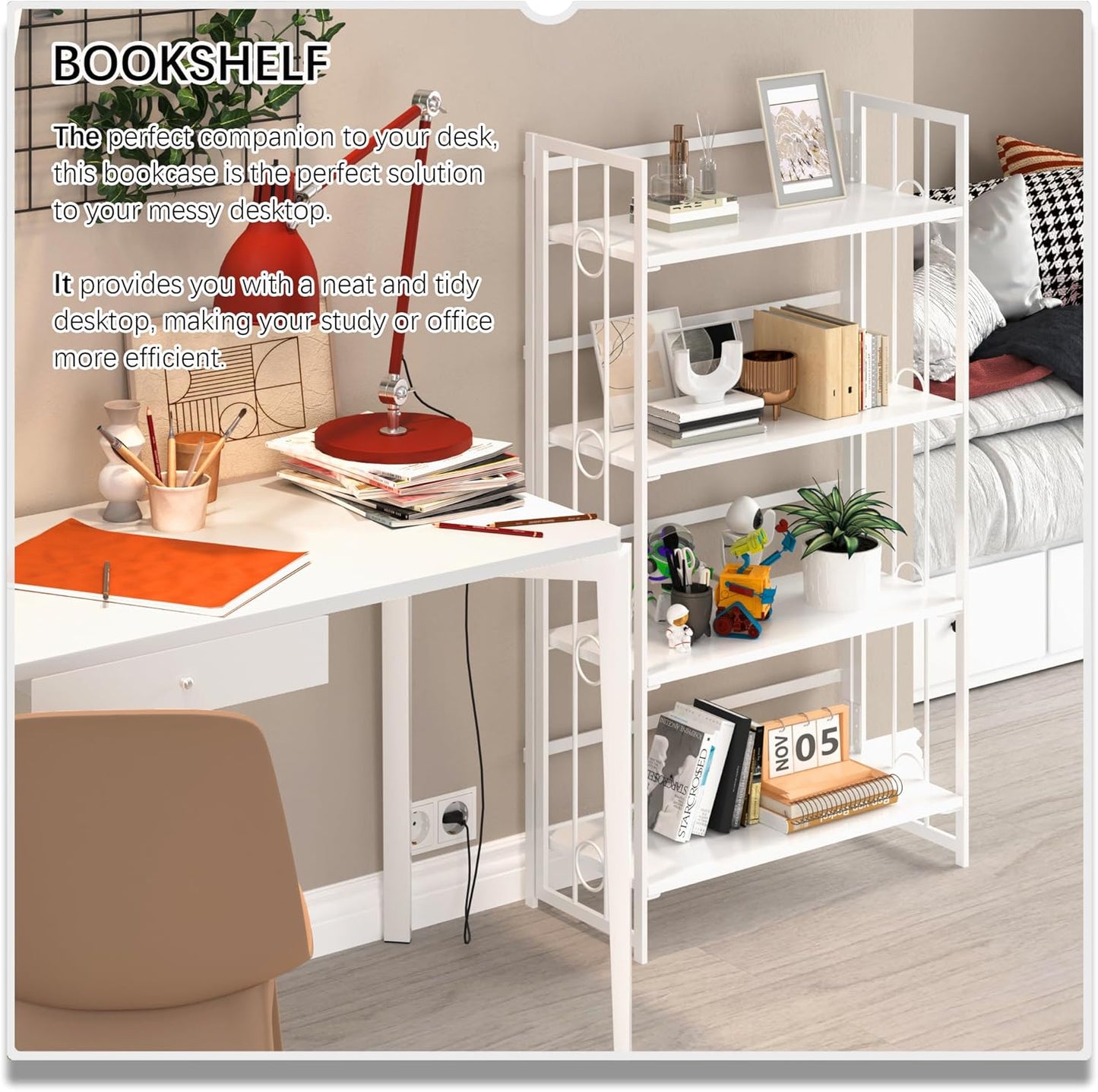 4NM No Assembly 4 Tiers Folding Bookshelf, 47.2" H Foldable Storage Shelves Vintage Bookcase