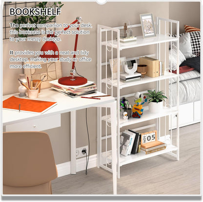 4NM No Assembly 4 Tiers Folding Bookshelf, 47.2" H Foldable Storage Shelves Vintage Bookcase