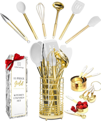 Styled Settings White and Gold Kitchen Utensils Set - 15-Piece BPA free, Non-Scratch, Utensils Set