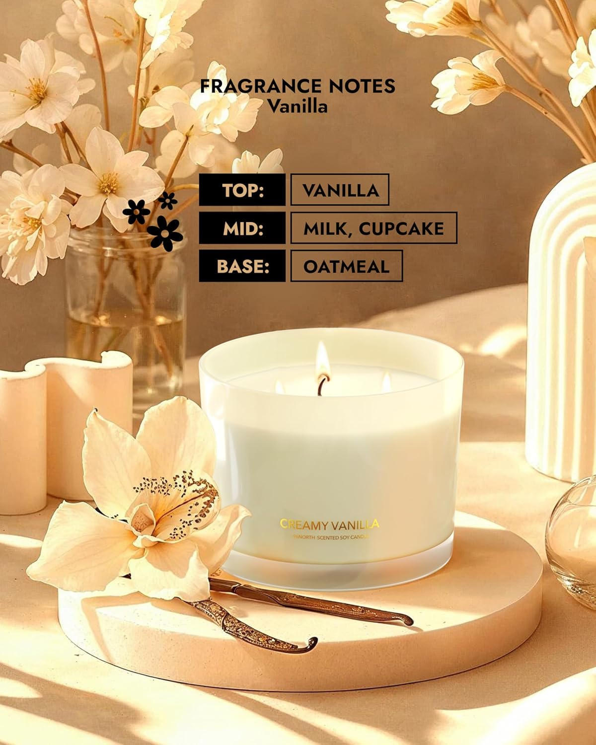 96NORTH Creamy Vanilla Scented Candles | Large 3 Wick Jar Candle | Up to 40 Hours Burning Time |