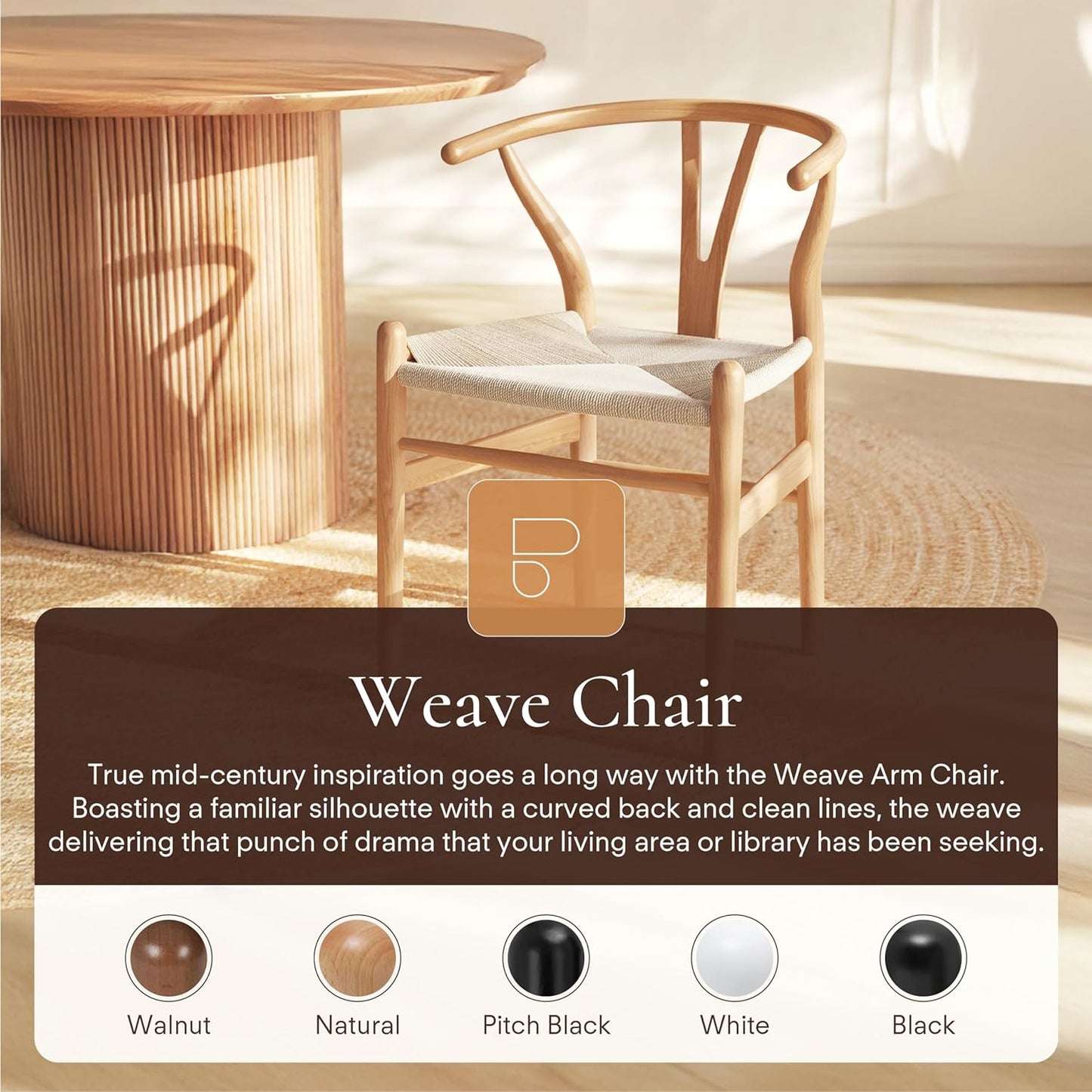POLY & BARK Weave Dining Chairs – Mid-Century Modern Wishbone Dining Chairs with Arms, Solid Wood