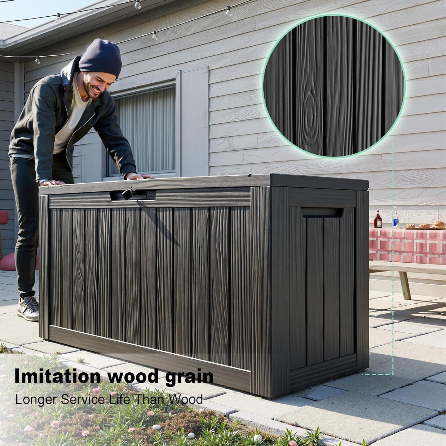 Vixzen 80 Gallon Resin Deck Box, Lockable Outdoor Storage Box for Patio Cushions Storage