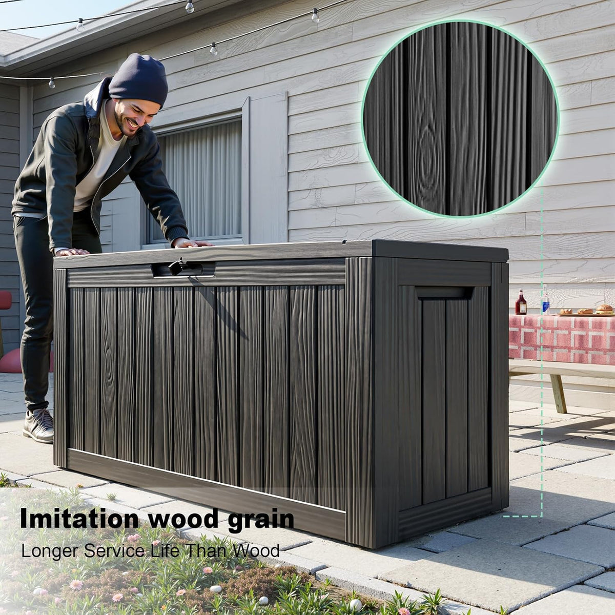 Vixzen 80 Gallon Resin Deck Box, Lockable Outdoor Storage Box for Patio Cushions Storage