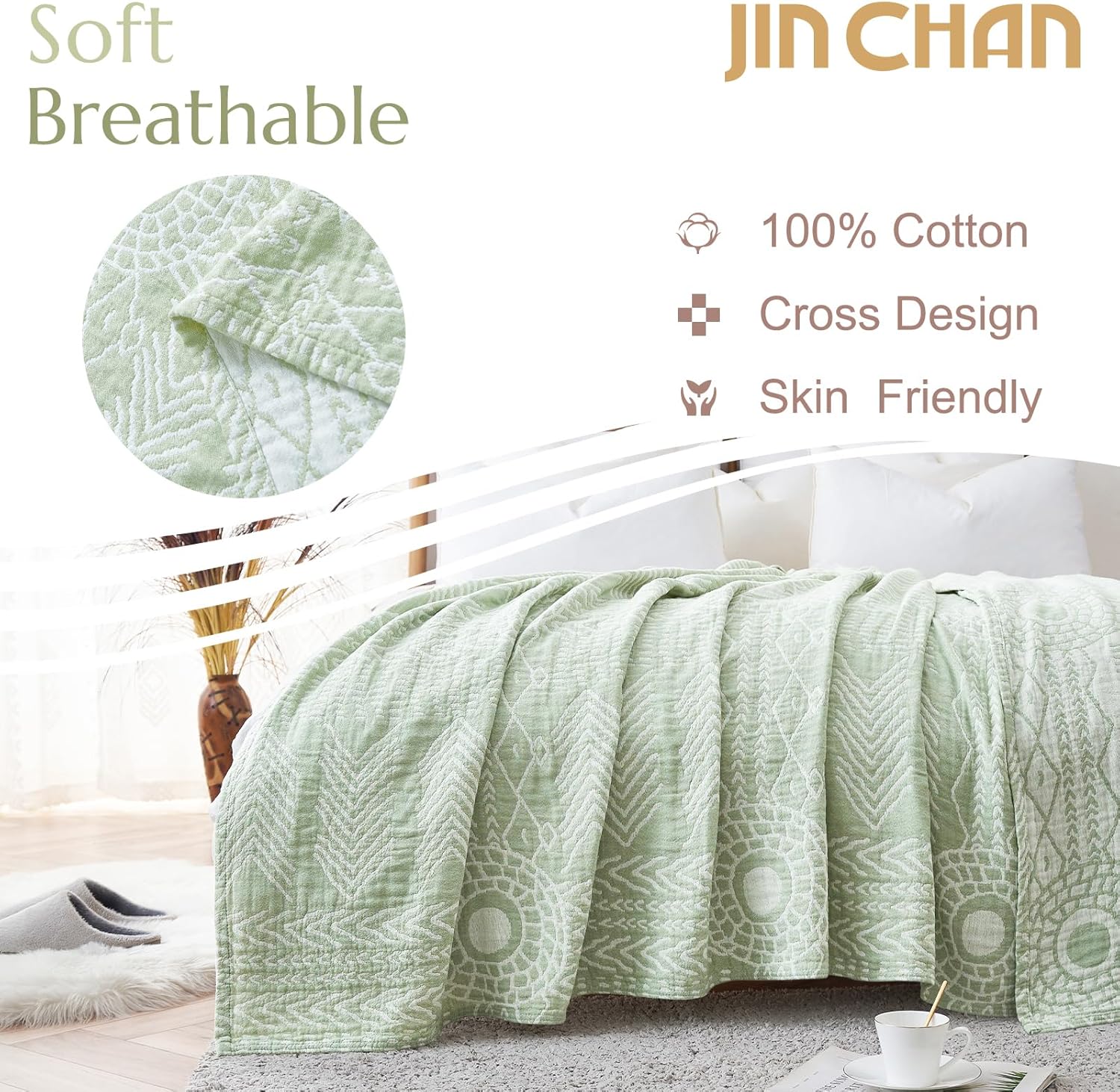jinchan Boho 100% Cotton Blanket Muslin Lightweight Twin Size Throw Blanket Reversible for Couch