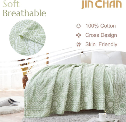 jinchan Boho 100% Cotton Blanket Muslin Lightweight Twin Size Throw Blanket Reversible for Couch