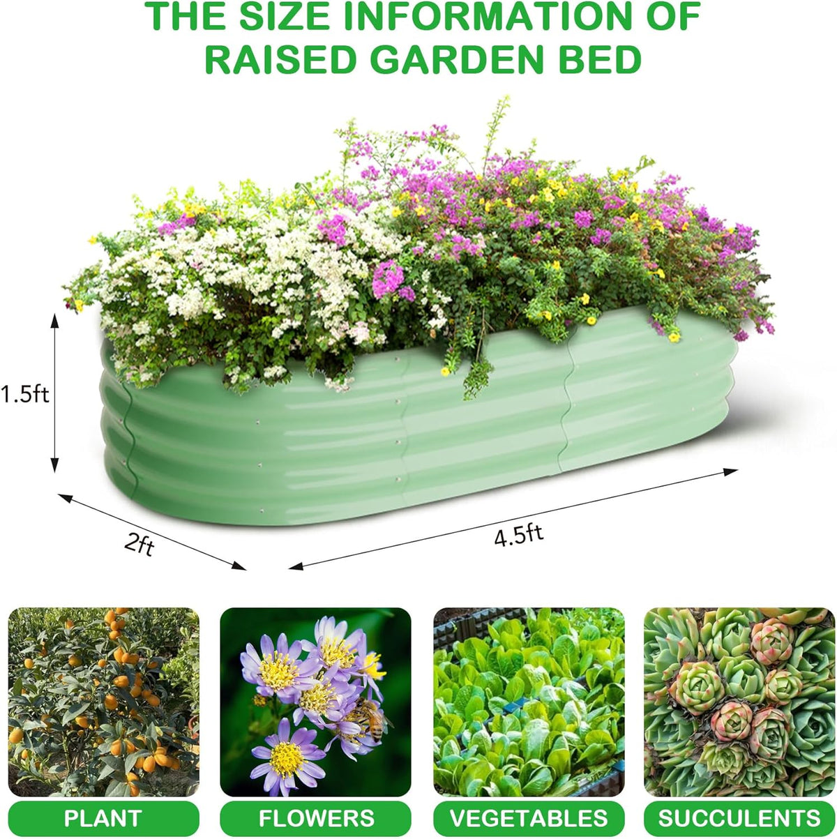 2 Pcs 4.5x2x1.5ft Oval Raised Garden Bed,Galvanized Raised Beds,Open-Ended Base Metal Raised