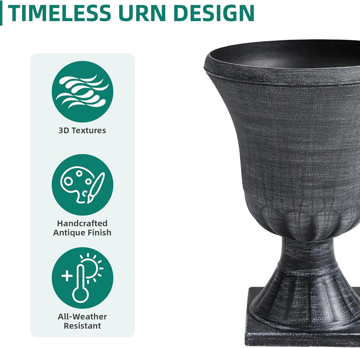 22" Large Urn Planters for Outdoor Plants, Set of 2 Plastic Flower Pot with Handmade Washed Black