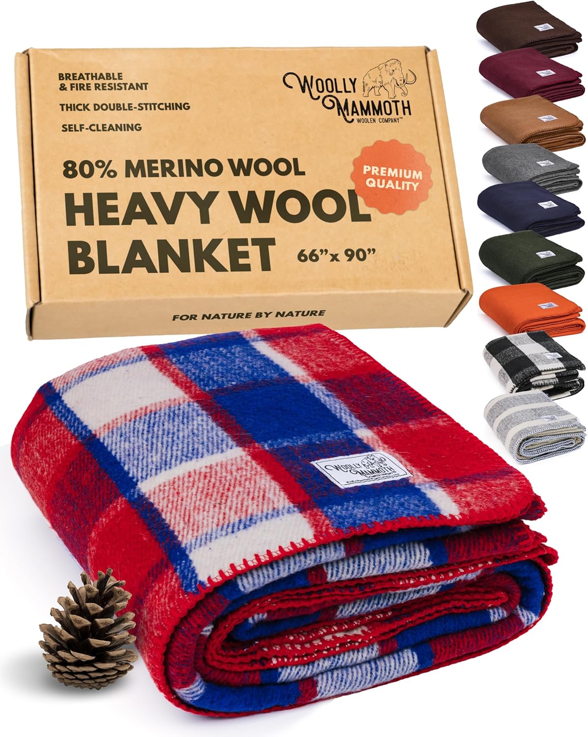 Woolly Mammoth Woolen Company Merino Wool Camping Blanket - 66 × 90 in, Red/White & Blue Plaid