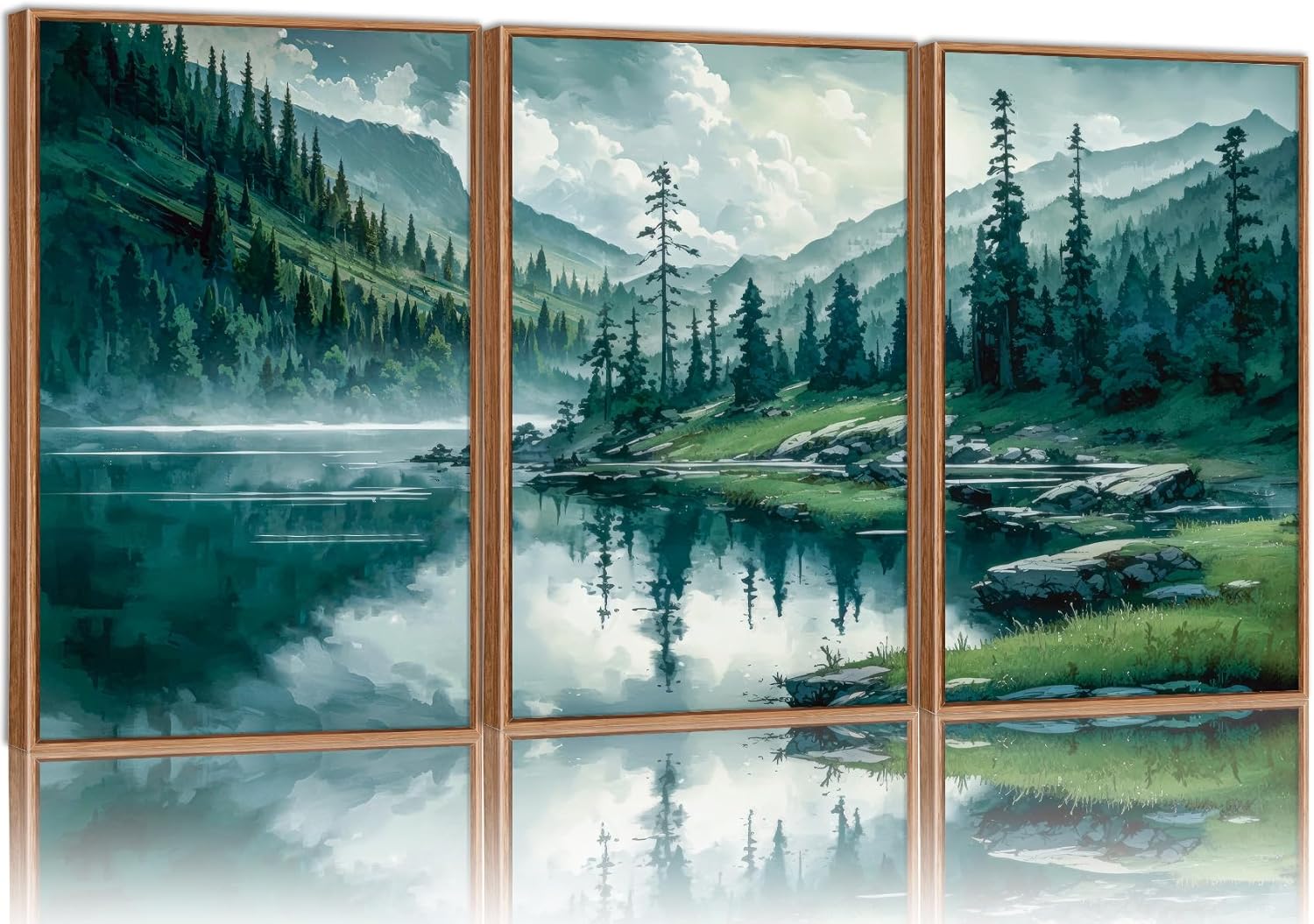 Tinonedraw Large Nature Forest Framed Canvas Wall Art Set, Boho Mountains Calming Lake Wall Decor