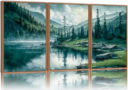 Tinonedraw Large Nature Forest Framed Canvas Wall Art Set, Boho Mountains Calming Lake Wall Decor