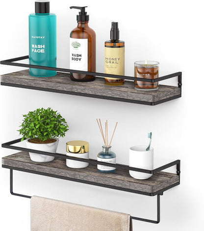 Meangood Floating Shelves Wall Mounted Set of 2, Wall Shelf with Towel Bar Rustic Wood Wall Storage