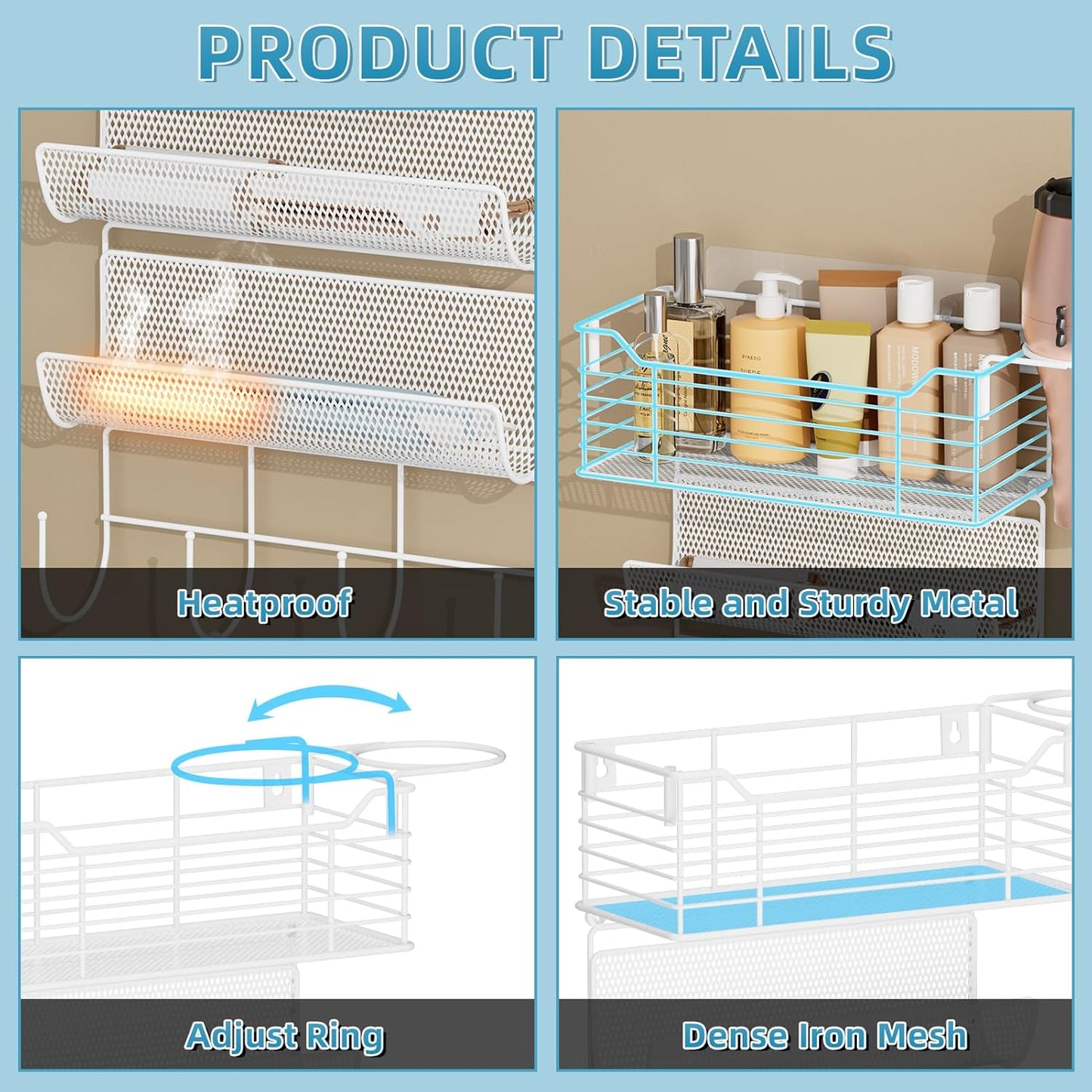 VITVITI Metal Hair Tool Organizer Wall Mount, Hair Dryer Holder with 4 Tier Shelf Basket Hooks