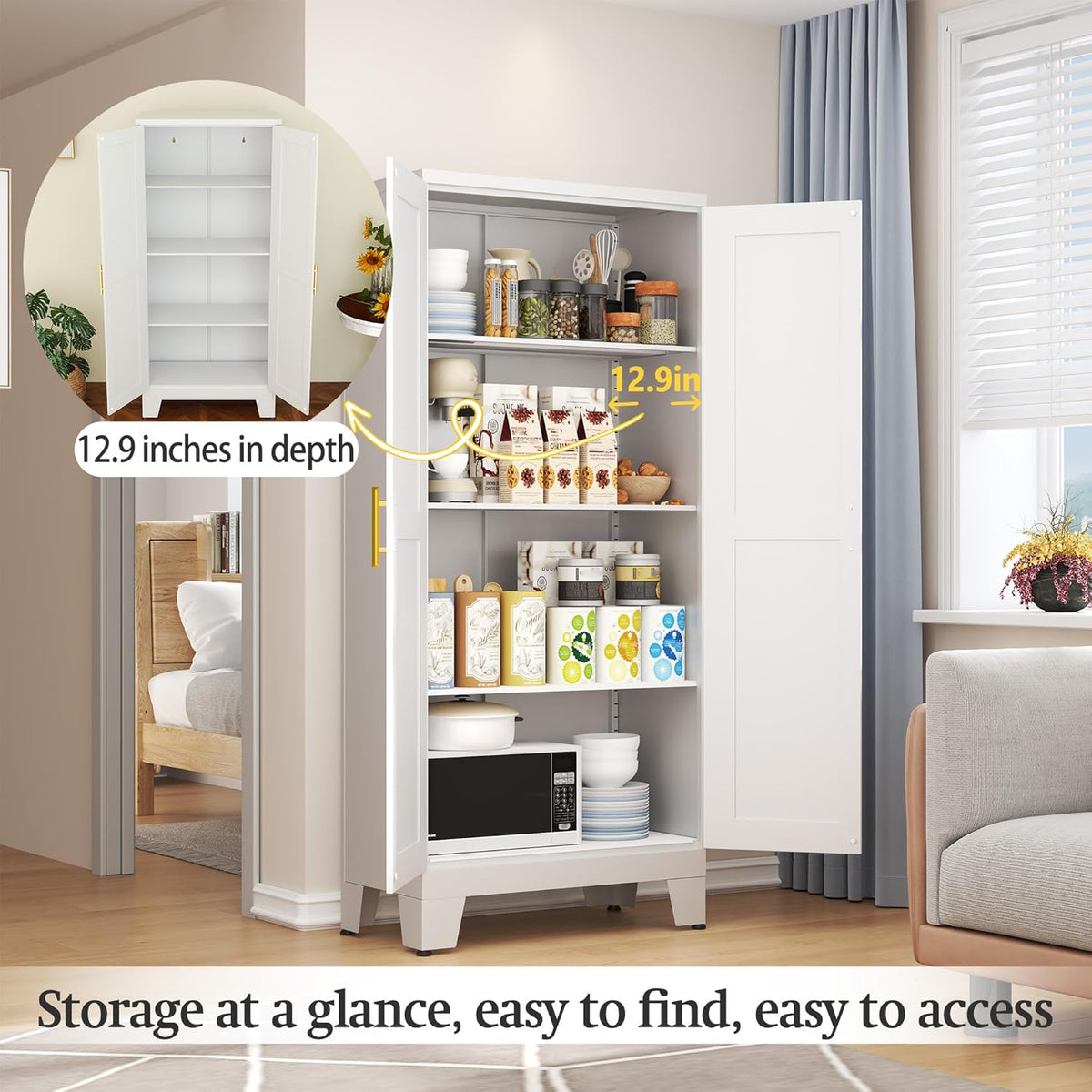 White Metal Storage Cabinet, 61" Steel Cabinets for Home Office, Kitchen Pantry Storage Cabinet