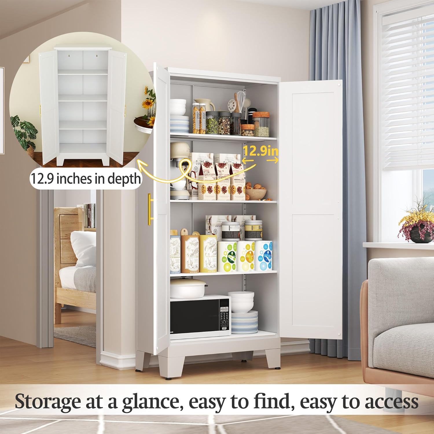 White Metal Storage Cabinet, 61" Steel Cabinets for Home Office, Kitchen Pantry Storage Cabinet