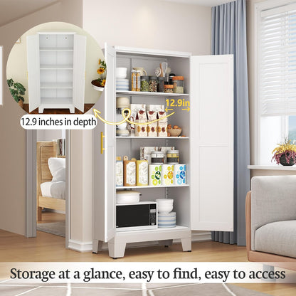 White Metal Storage Cabinet, 61" Steel Cabinets for Home Office, Kitchen Pantry Storage Cabinet