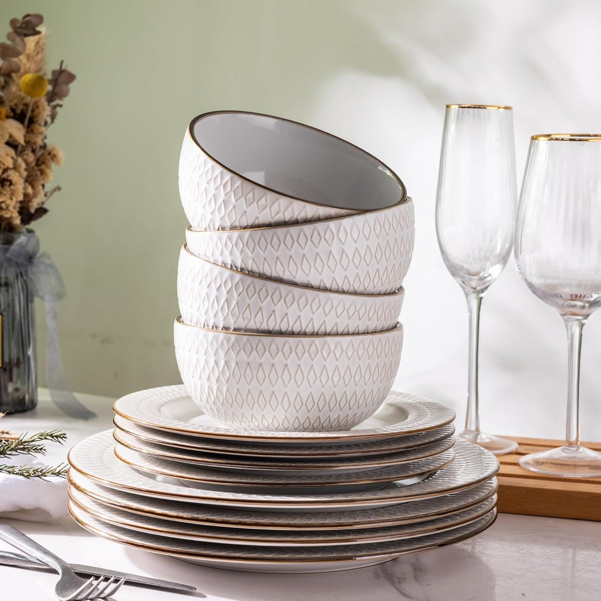 GBHOME Ceramic Dinnerware Sets,12 pcs Embossed Elegant Stoneware Plates and Bowls Sets