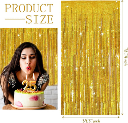 3 Pack Gold Backdrop Birthday Decorations Foil Curtain Backdrop Gold Streamers Dance Party