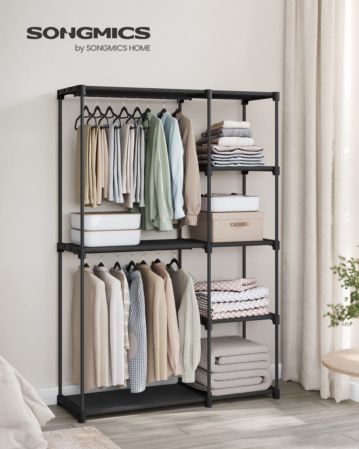 SONGMICS Portable Closet, Freestanding Closet Organizer, Clothes Rack with Shelves, Hanging Rods