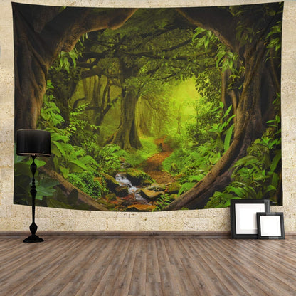 Tushelia Forest Nature Tapestry - Tree Cave Wall Hanging, Misty Forest Stream Through Rainforest