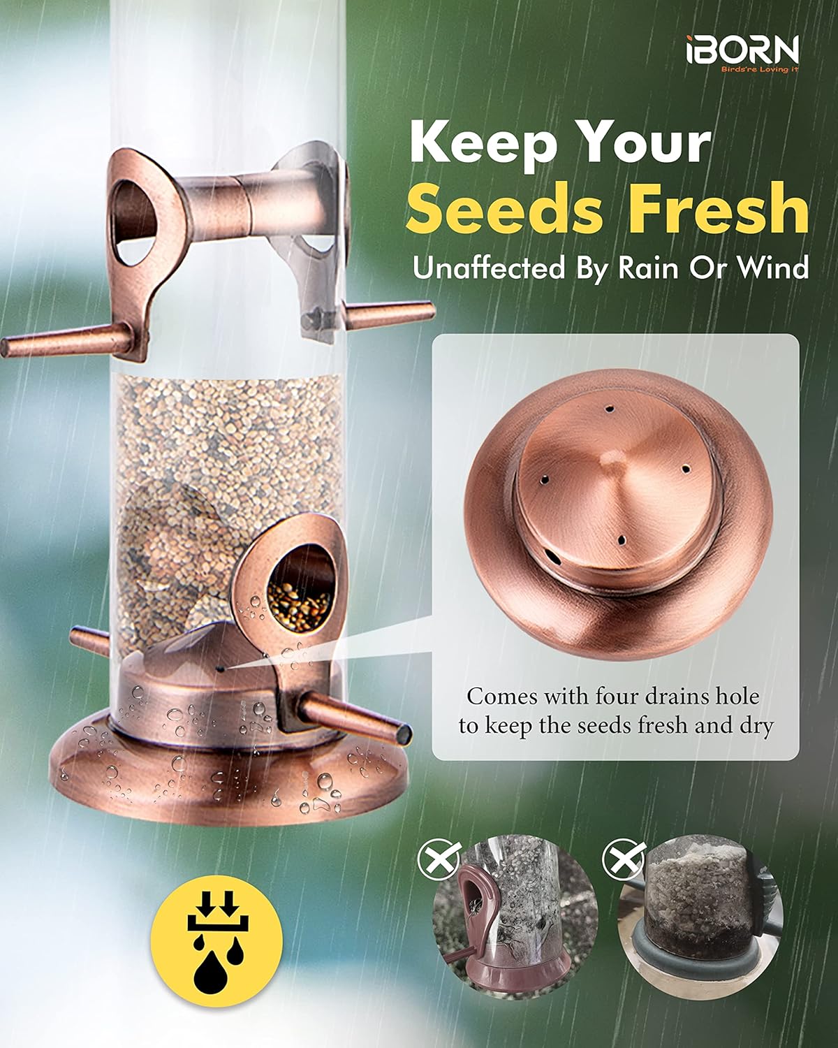 iBorn Metal Bird Feeders Metal Bird Feeder Copper for Outdoors Hanging All Metal Copper Finishing