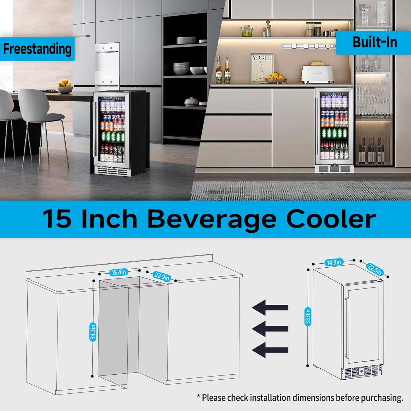 15 Inch Beverage Refrigerator Under Counter - 126 Cans Beverage Fridge with Glass Door for Beer