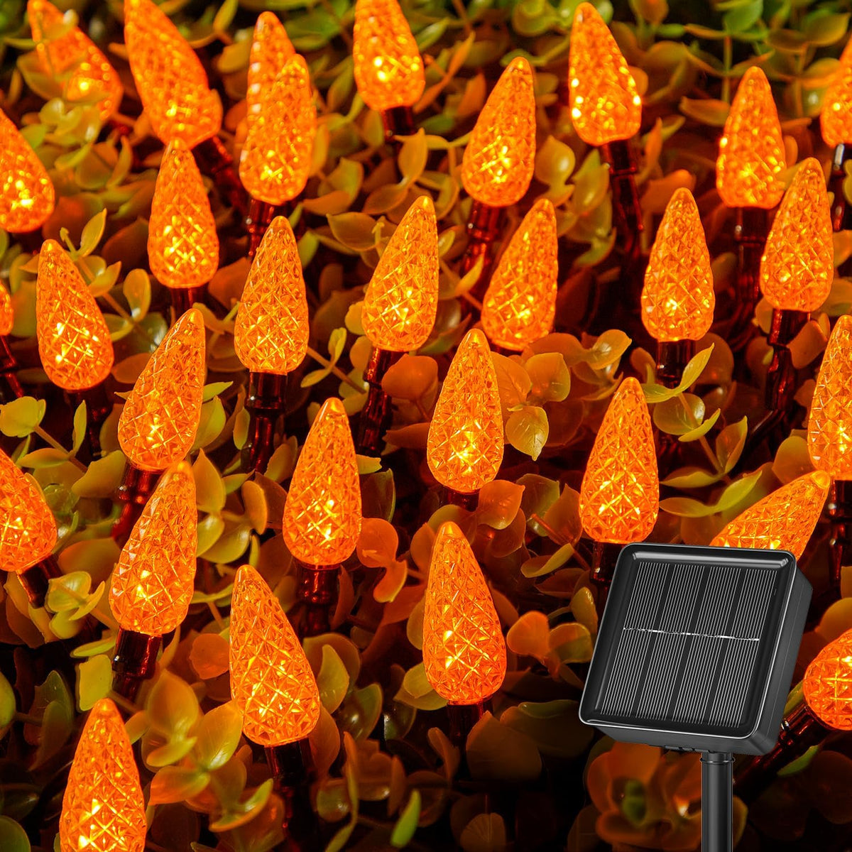Brightown Solar Operated C6 Halloween Outdoor Lights, 22.64ft 50 LEDs Orange Halloween Lights