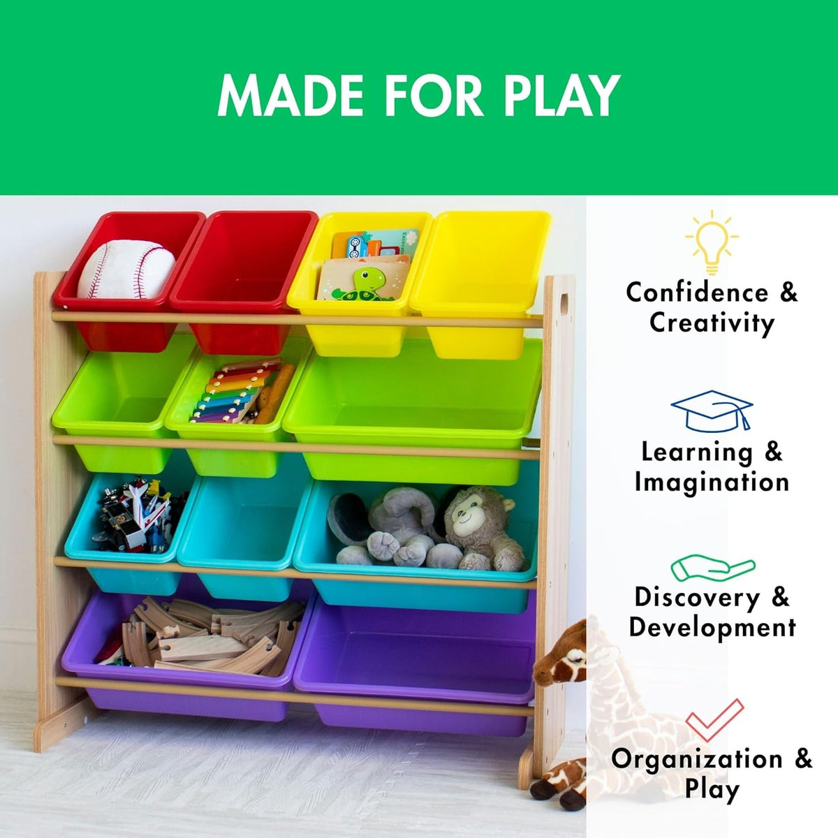 Humble Crew Kids Toy Storage Organizer with 12 Plastic Bins, Natural Wood/Rainbow – Removable Bins