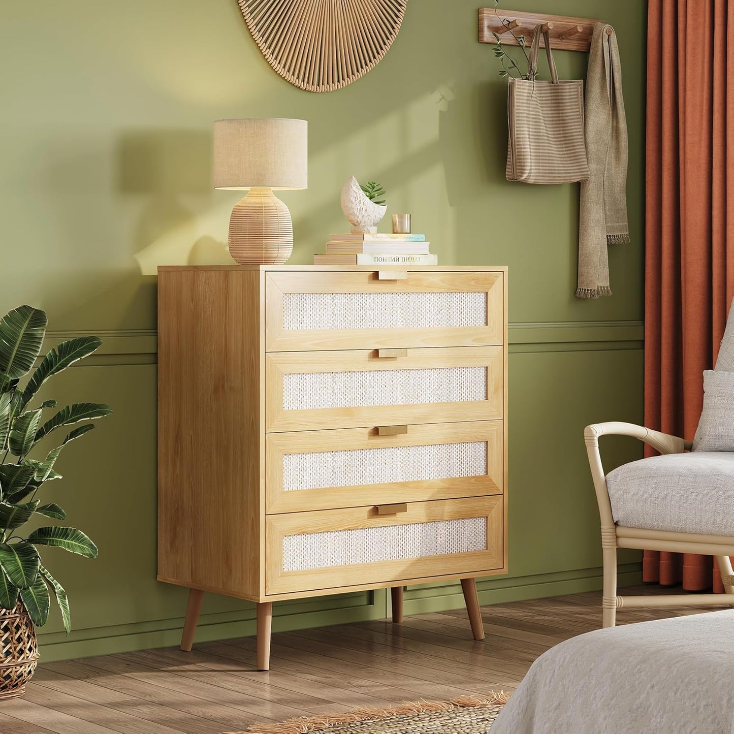 WLIVE Rattan Dresser for Bedroom, 4 Drawer Wood Boho Dresser Storage with Gold Metal Handle, Chest