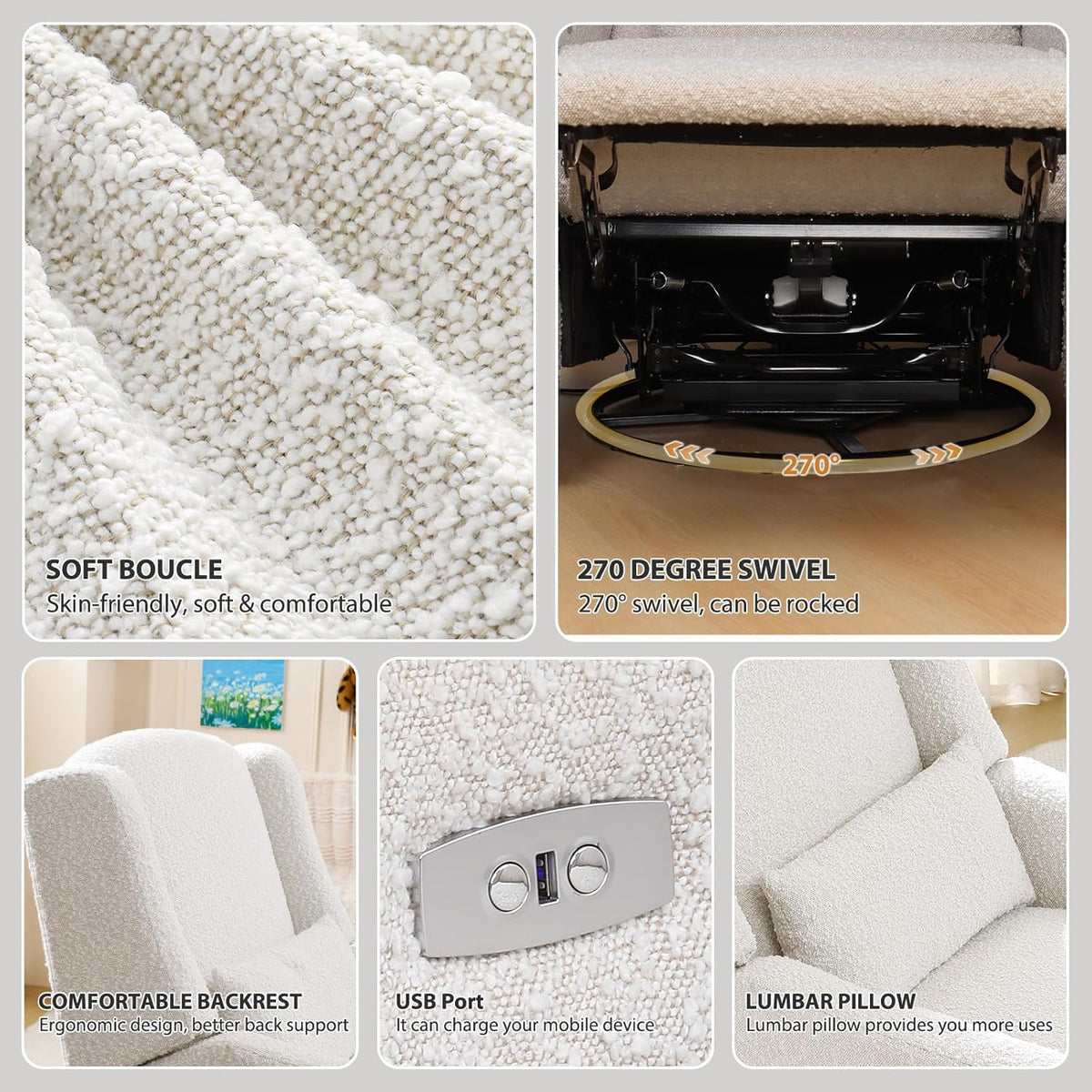 Power Recliner Chair Swivel Glider, Large Rocker Recliner w/USB Charging Port, Boucle Upholstered
