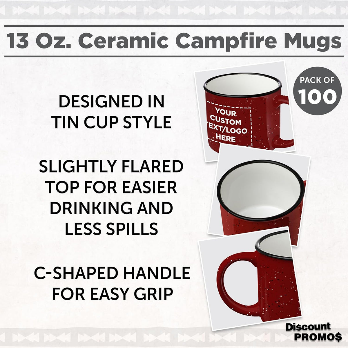 DISCOUNT PROMOS Custom Ceramic Campfire Coffee Mugs 13 oz. Set of 100, Personalized Bulk Pack