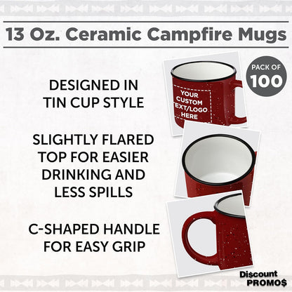 DISCOUNT PROMOS Custom Ceramic Campfire Coffee Mugs 13 oz. Set of 100, Personalized Bulk Pack