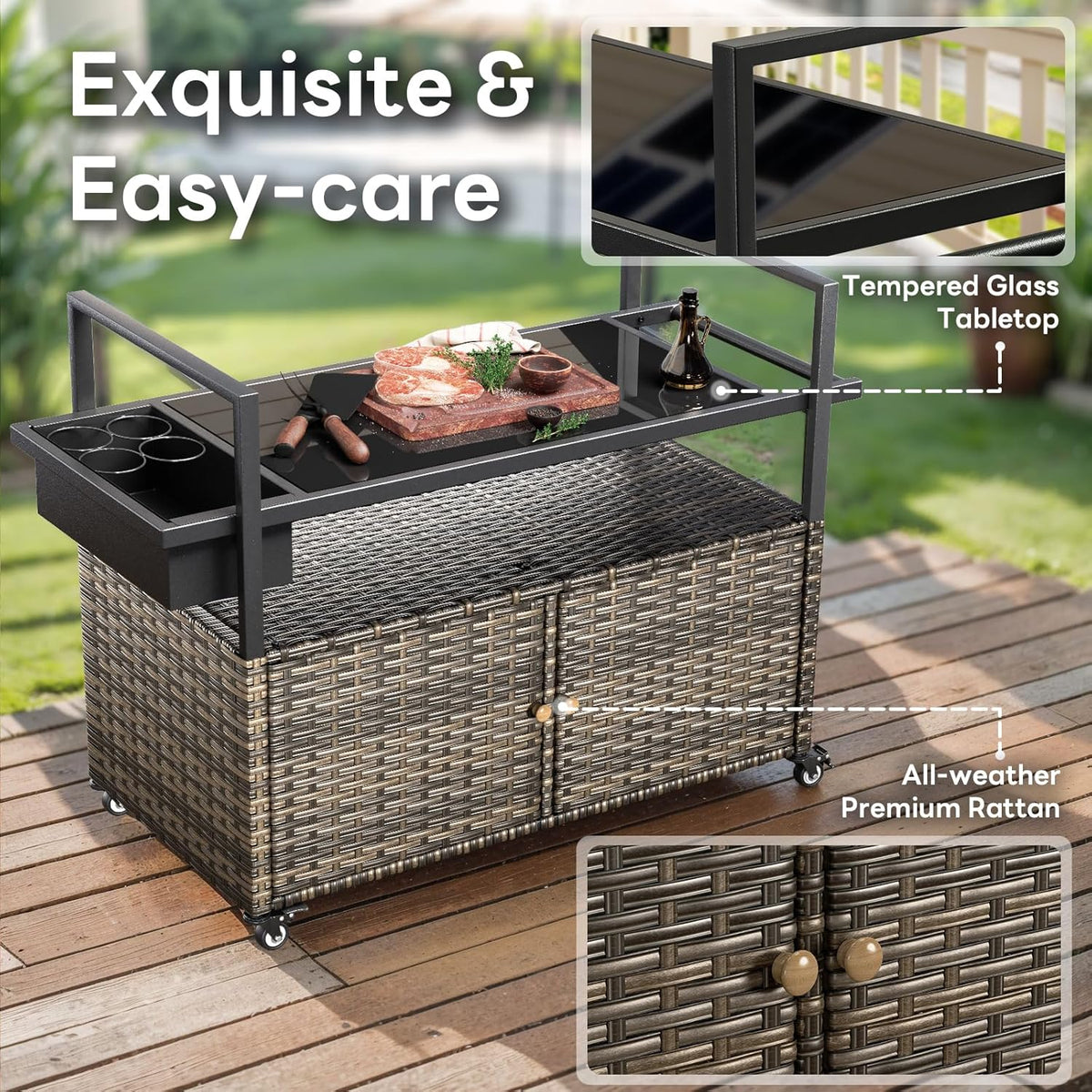 Outdoor Bar Cart with Storage Cabinet, Patio Bar Table with Tempered Glass Tabletop, Outdoor