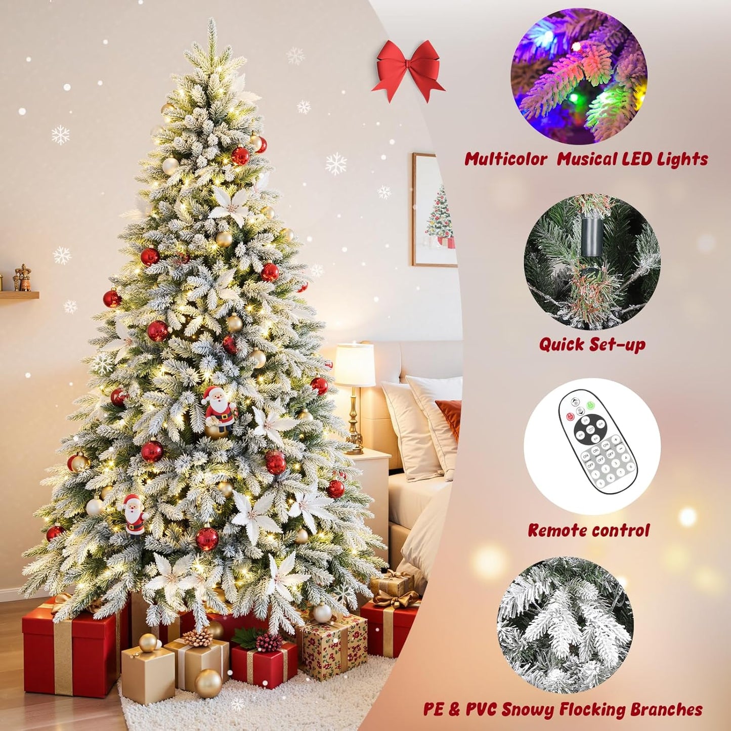9ft Pre-lit Artificial Christmas Tree with Remote, Snow Flocked Xmas Trees Rotating & Foldable