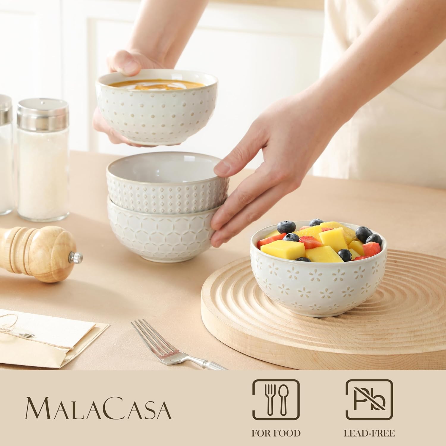 MALACASA Small Bowls, 14 Ounce Ice Cream Bowl, Stoneware Dessert Bowls Set of 4 with Embossment for