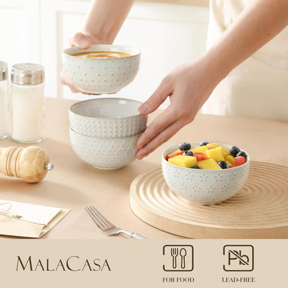 MALACASA Small Bowls, 14 Ounce Ice Cream Bowl, Stoneware Dessert Bowls Set of 4 with Embossment for