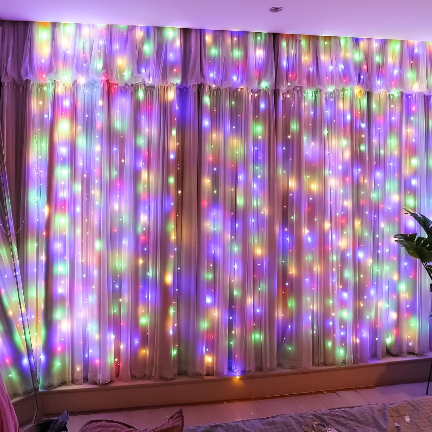 HXWEIYE 300LED Multicolor Fairy Curtain Lights with Remote 8 Modes Timer for Bedroom, 9.8x9.8Ft USB