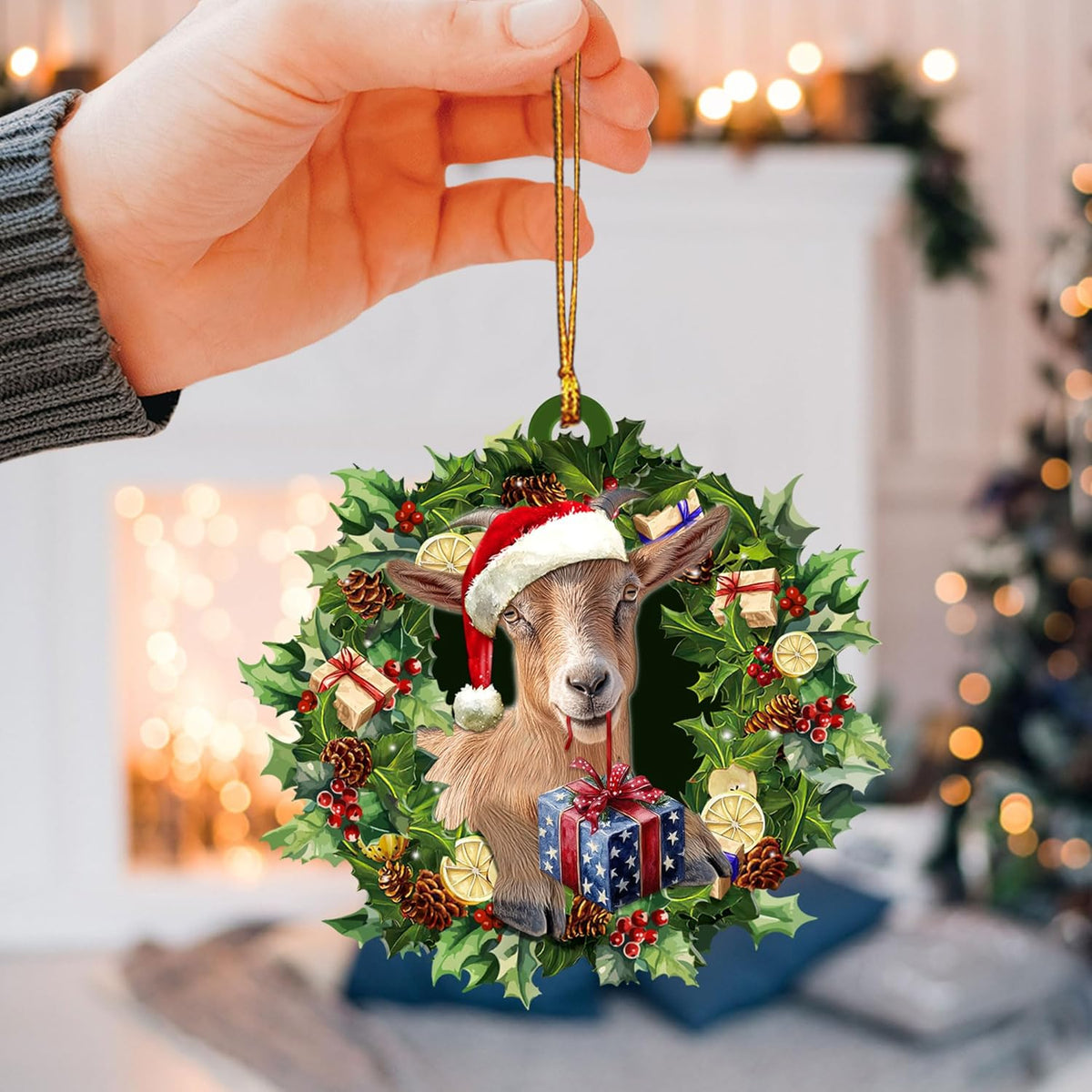 Talataca Goat Wearing A Christmas Hat Wreath Farm Lover 2D Flat Car Rear View Mirror Accessories
