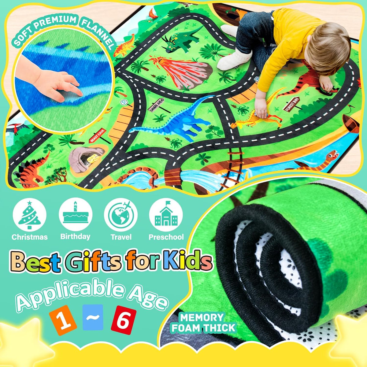 Kids Rug, Car Carpet for Kids' Toy Cars, 6x9 Ft Dinosaur Rug, Dino Safari Road Mat for Playroom