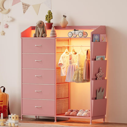 LUMTOK 2-in-1 Dresser with Hanging Racks,5 Fabric Drawers Dressers with LED Lights, Charging