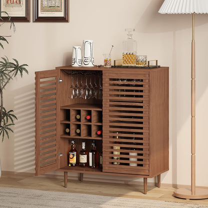 Mid Century Bar Cabinet with Wine Racks, Modern Liquor Cabinet with Slatted Doors for Dining Room
