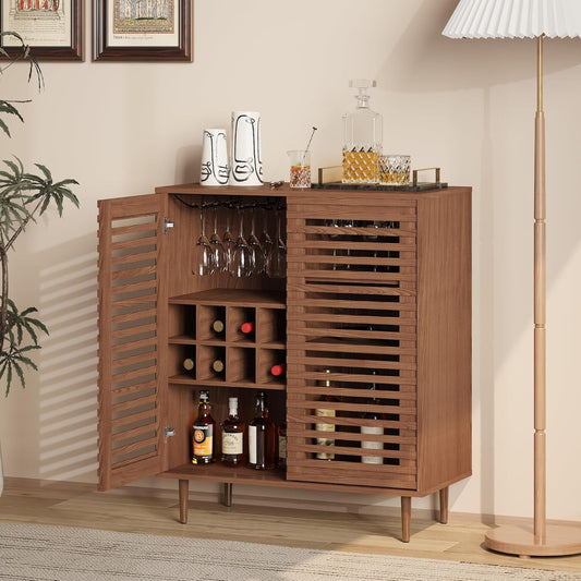 Mid Century Bar Cabinet with Wine Racks, Modern Liquor Cabinet with Slatted Doors for Dining Room