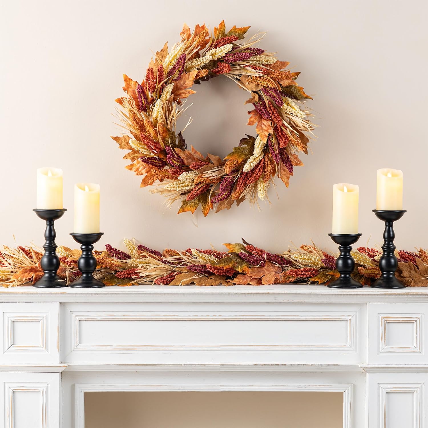 Glitzhome 24" D Fall Sorghum Wreath with Metal Hanger, Harvest Wreath for Front Door, Fall Door