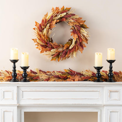 Glitzhome 24" D Fall Sorghum Wreath with Metal Hanger, Harvest Wreath for Front Door, Fall Door